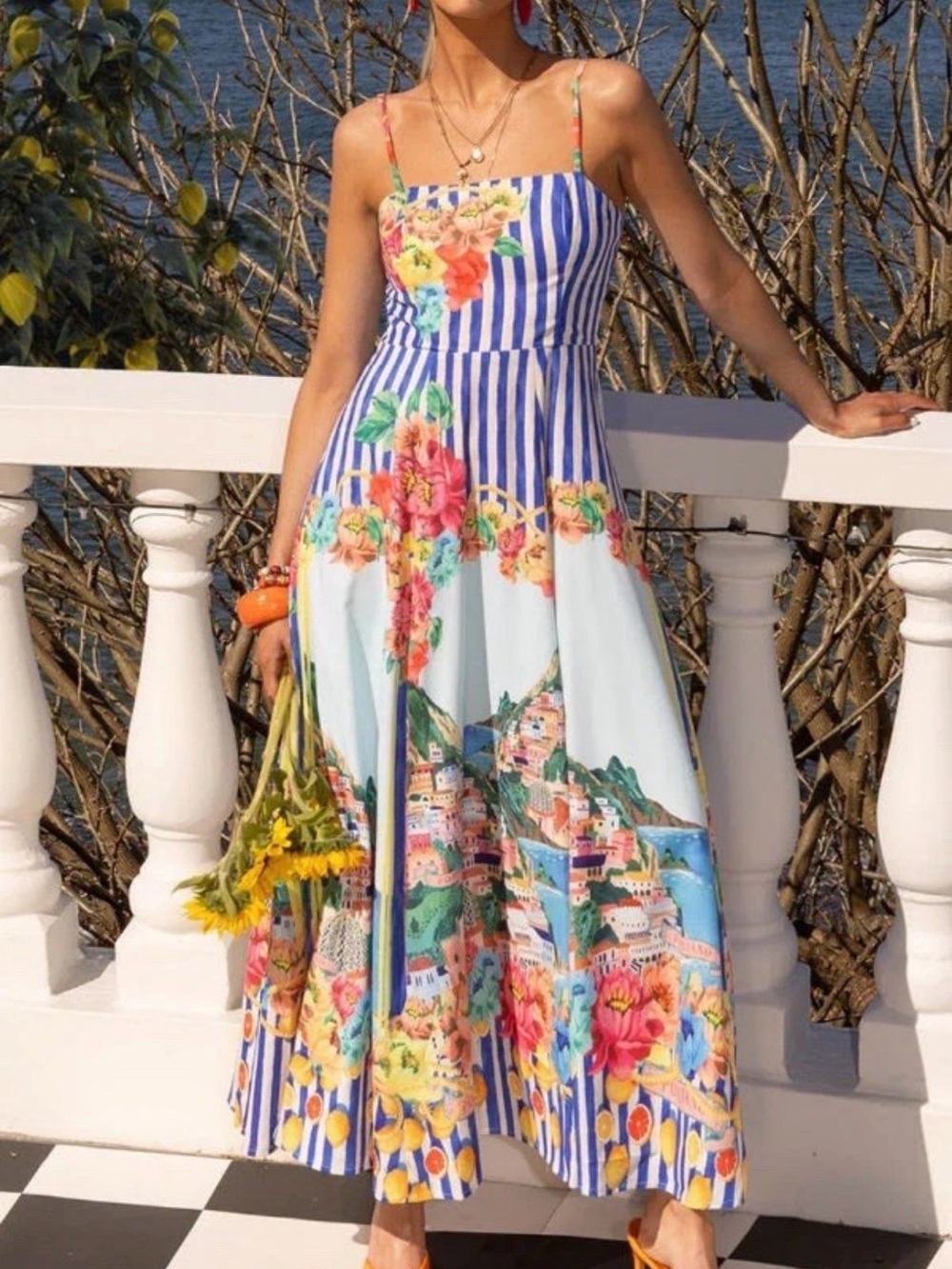 Positano Lemon Spaghetti Strap Square Neck Holiday Maxi Dress New